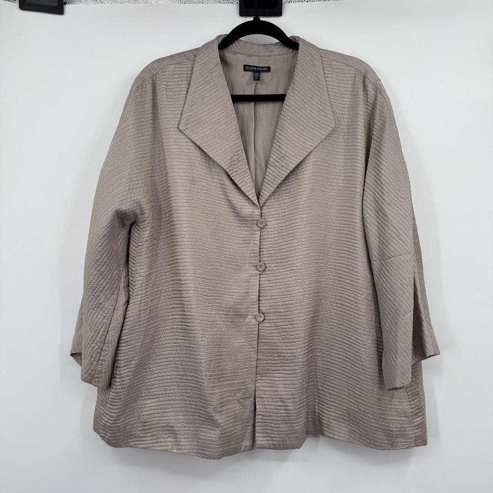 Eileen Fisher Jacket Womens XL Beige Quilted Silk Wool Lined Collared‎ Button